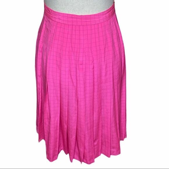 Vintage 80’s Pink Silk Pleated Skirt w/ Blue windowpane check - Picture 1 of 7